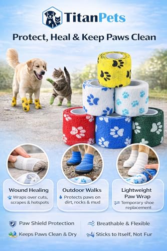 Image of Dog Bandage Cohesive Wrap for Paw & Leg | 5cm x 4.5m - Pack of 8 | Easy Tear, Fur Safe | Self Adhesive Elastic Vet Tape for Walking Protection, Wound Care & Licking Prevention Bandage Roll