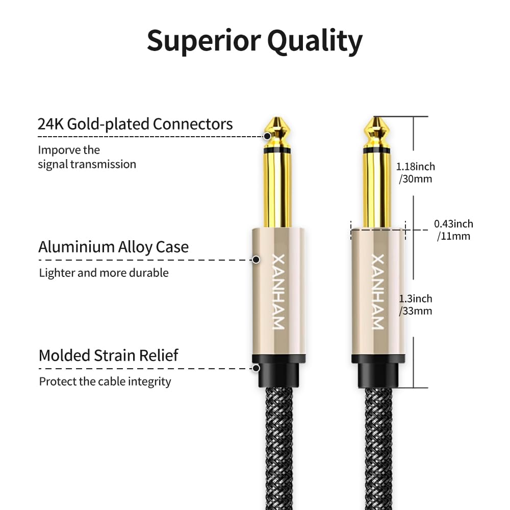Paquete de 2 cables de instrumento TS de 1/4 de pulgada de 30 pies/10 m, cable jack mono de un cuarto de pulgada para guitarra eléctrica, mandolina, amplificador de bajo, teclado, mezclador