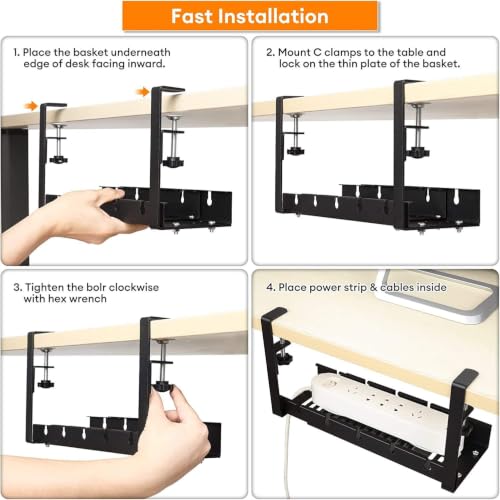 Image of Joomouney Under Desk Cable Organizer Rack, Retractable 28.5-55 cm Adjustable Metal Tray, Adjustable Under Desk Cable Organizer Holder for Power Extention, Power Cord, Network Cable (Black EXTENDABLE)