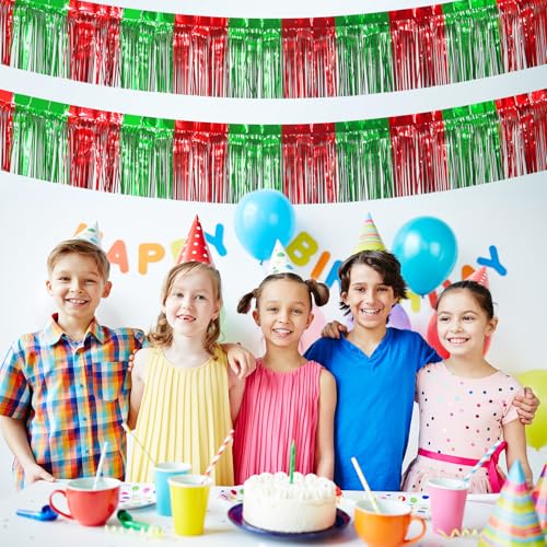 Image of Christmas Decorations - 5 Pack 10 Feet Red Green Foil Fringe Garland Tinsel Parade Float Fringe for Trailer Car Birthday Party Decoration Hanging Backdrop Banner Table Skirts