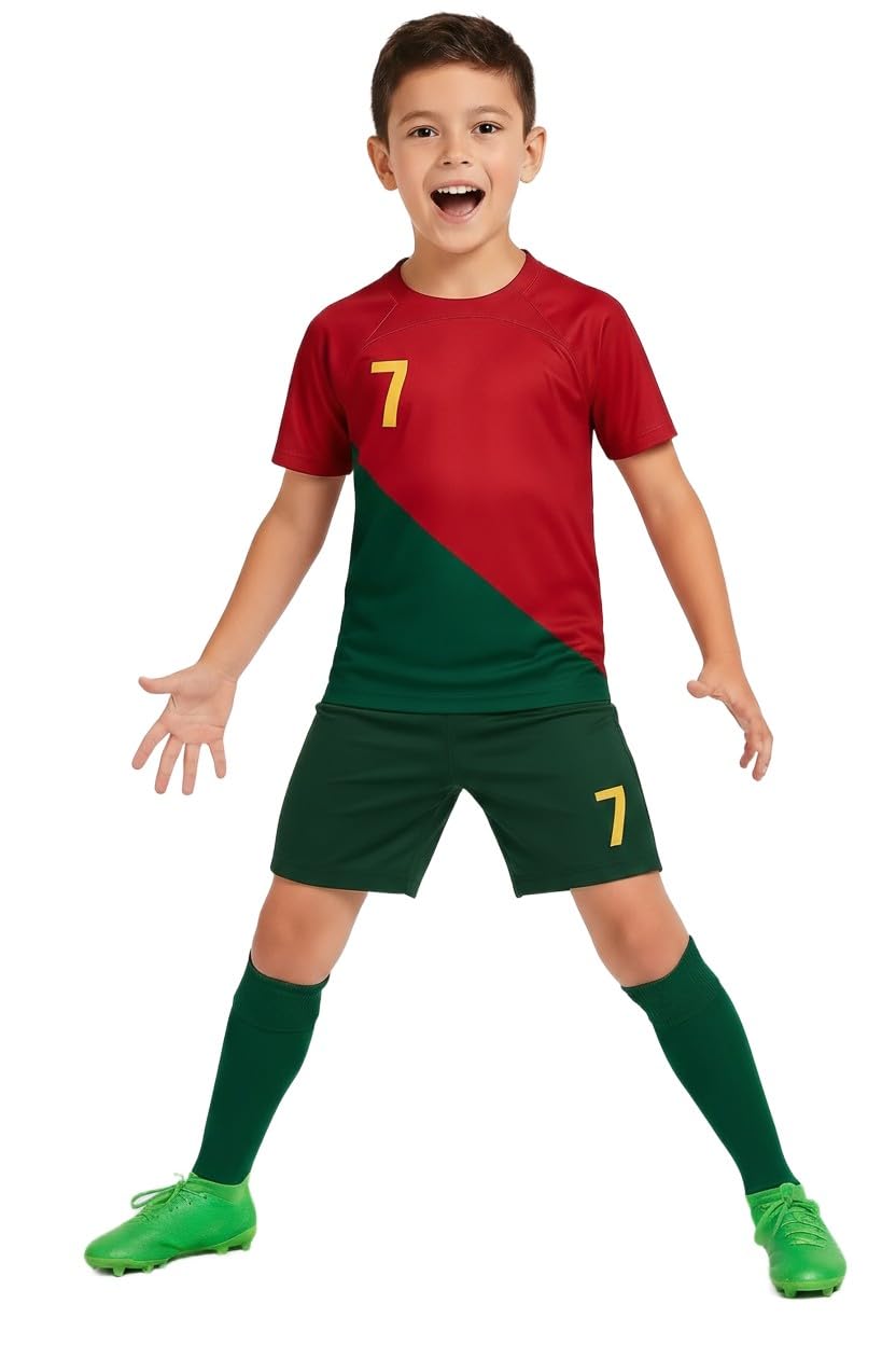 Sports Soccer Football Portugal Jersey Ronaldo 7 Home Away Kit Jersey T-Shirt with Black Shorts(Kid's,Boy's & Men) M2