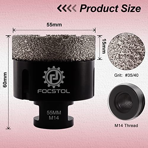 FOCSTOL Diamond Core Drill Bit - 55mm Diamond Hole Saw for Porcelain Ceramic Tile Marble Granite Quartz M14 Thread - Image 2