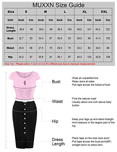 Muxxn Women's Retro Pencil Dress Short Sleeve Keyhole Neck Patchwork Wear To Work Business Office Knee Length Dress Baby Pink And Black Xl #TOP5