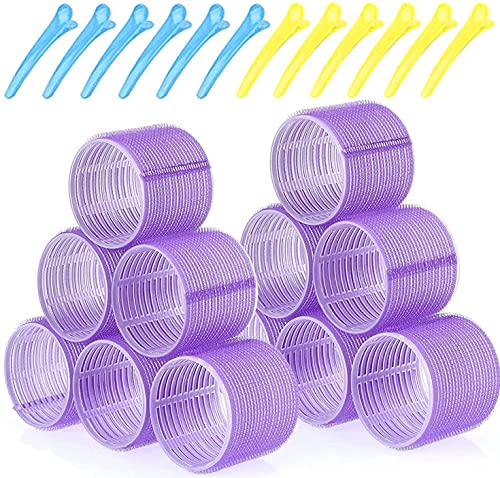 Premify 24Pcs Large Hair Rollers Set 12 Pcs Self Grip Holding Hair Rollers Curlers 48 x 63 mm & 12 Pieces Duckbill Sectioning Clips for Salon Barber Hairdressing Hair Styling Rollers Hair Accessories