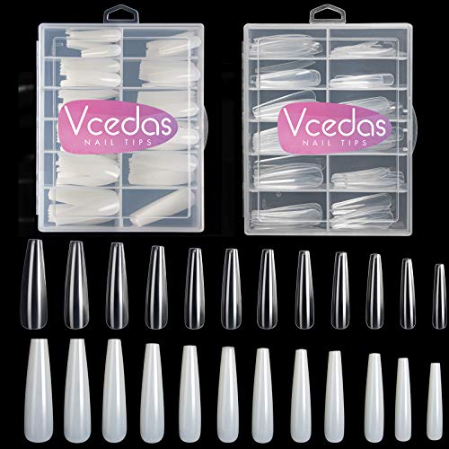 Vcedas Extra Long Full Cover Nails XXL Coffin Tips 480PCS Clear/Natural Long Ballerina False Nail Tips for DIY Finger with Box (Clear+Natural)