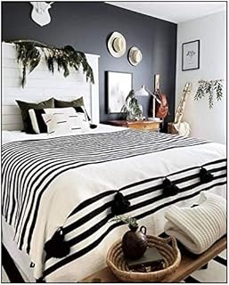 Moroccan Blanket White and black Stripes,handwoven throw,tassel blankets, Pom Poms, Boho Blanket, Couverture marocaine,Pom Pom Blankets