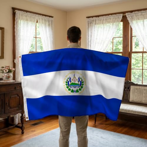 Image of AhfuLife 2pcs El Salvador Flag 3x5 Ft, Large Salvadoran Flags for Outside - Double Side with Brass Eyelets for Olympic Party Decorations, Soccer Party Decoration Bar Garden Street Decoration Indoor Outdoor
