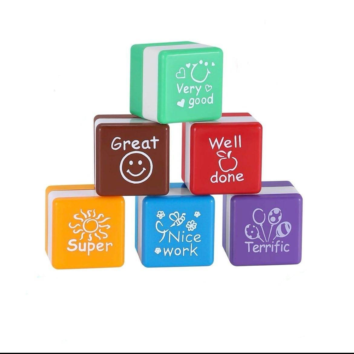 7STARS® Sellos Motivacion,Pack de 6, Tampones,Cuadrados, Profesores y Niños, Infantiles, En Ingles, Aprendizage, Regalo, Mini Stamps, Estimulación, Tinta, Goma, Color Rojo, Diversión