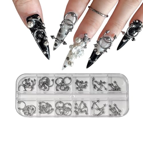 Auroriel 60 Pièces Embouts de Design d'Ongles 3D Argent Alliage Goth Punk Décoration d'Ongles Argent Gris Cônes Clous Anneaux en Métal Alliage Clous en Tête Bijoux...