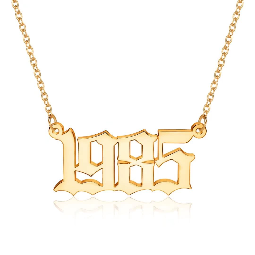 M MOOHAMBirth Year Necklace for Women, 18K Gold Plated Old English Birth Year Number Pendant Necklace Jewelry Gifts for Women Birthday Anniversary, 1970-2021