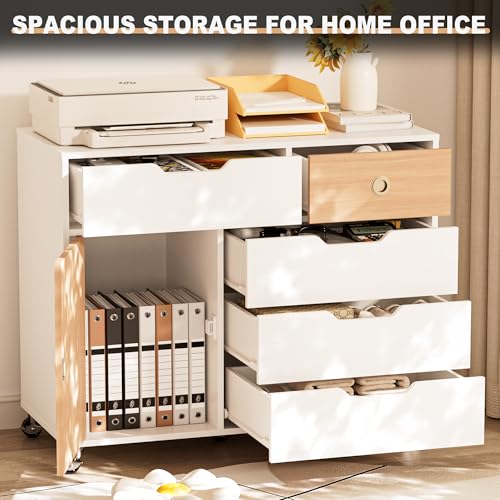Image of 5 Drawers Mobile File Cabinet with Door, Rolling File Cabinet Printer Stand Table Craft Storage Cabinet, Under Desk Wooden Filing Cabinets for Home Office Essentials Storage Organization Furniture