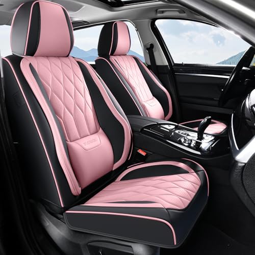 Image of FLORICH Seat Covers Full Set Leather Pink Seat Covers for Cars Front and Rear 5 Seats Waterproof Vehicle Seat Cover with Lumbar Support Universal Fit for Most Cars Sedans Trucks SUV, Black&Pink