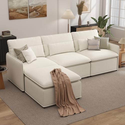 L Shaped Sectional Couch, 94.5" Sectional Cloud Couch for Living Room,Fluffy Modular Sofa with Textured Corduroy,3 Seaters with Ottoman,Pet-Friendly Comfy Modern Deep Seat Sofa Set,Beige