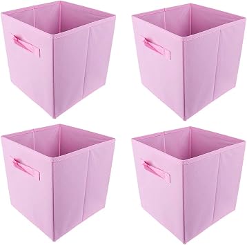 4pcs Foldable Storage Box for Shelves Pink Fabric Canvas, Unit Storage Cube Basket Bin with Handle for Kids Toy Nursery Clothes Wardrobe Pink  4