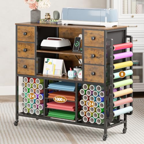VENNQD Craft Organizer Rolling Cart Compatible with Cricut Machine Cricut Table with Charging Station Vinyl Roll Holders with Fabric Drawers for Accessories Organization (Vintage Brown) by VENNQD - Used condition - US$139.17