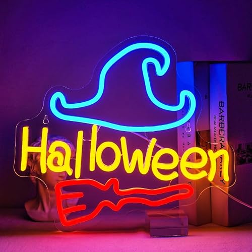 NOSUN Halloween Neon Sign Halloween Gifts Red Broom Neon Signs for Wall Decor Blue Wizard Hat Neon Halloween Signs Halloween Neon Light for Bar Party Bedroom Man Cave Halloween Gifts for Kids/Adults