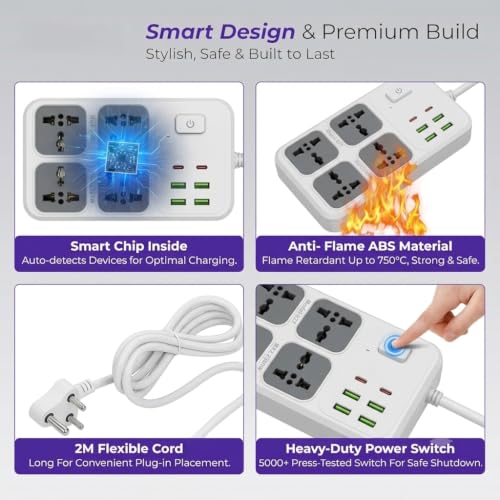 Image of Power Strip with 4 Universal Sockets with Child Security + 4 USB Ports + 2 Type-C Port, High Temperature Fuse Protector, 1500W with 2 Meter Cable, Wall Mountable Multi Plug for Home - White