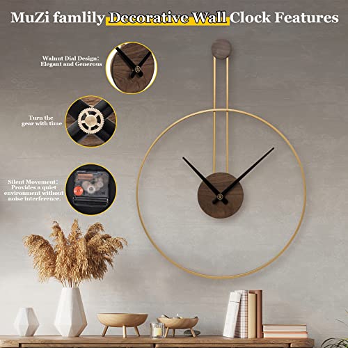 Muzi Famlily Décor Large Modern Gold Wall Clock With Walnut Dial Non Ticking Silent 24.4''×17.7''Decorative Metal Wall Clock For Living Room,Bedroom,Office,Kitchen #TOP2