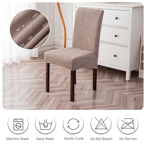 Image of Genina Waterproof Dining Chair Cover Set of 6,Large Chair Slipcover,Taupe | Stretch Dining Room Chair Slipcovers with Leaf Jacquard,Removable Kitchen Chair Protector for Home,Restaurant,Banquet