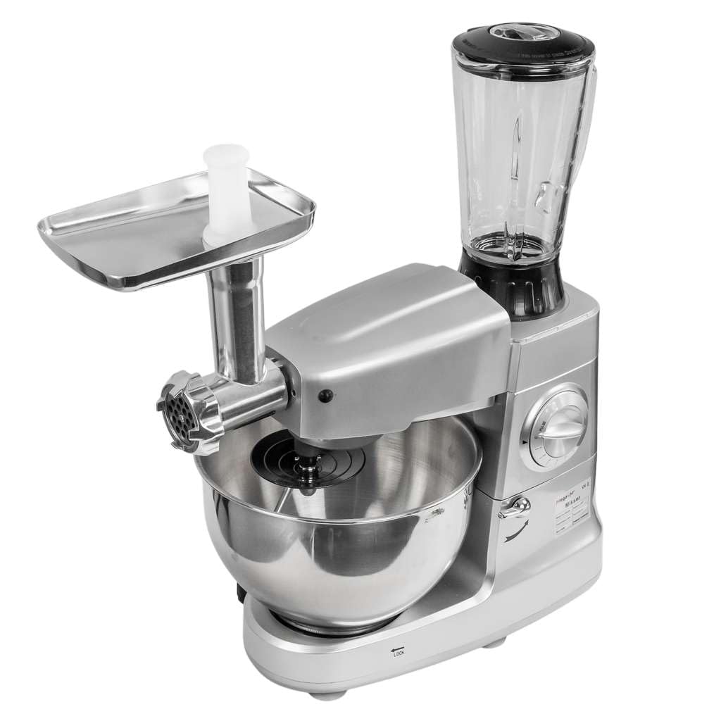 Mega-M Wielofunkcyjny robot kuchenny 3 w 1, 1500 W, miska ze stali nierdzewnej 8 l, mikser planetarny z maszynką do mięsa i mikserem stojącym, 6 stopni prędkości, srebrny