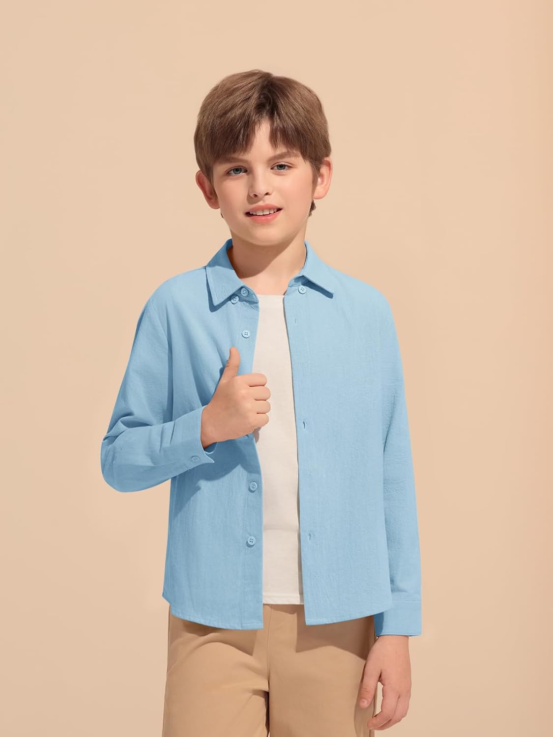 Haloumoning Boys Long Sleeve Button Down Shirt Kids Cotton Texture Dress Shirts School Uniform Shirt 5-14 Years - Image 3