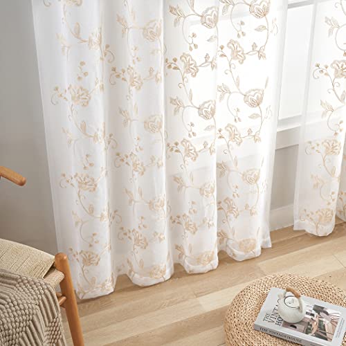 Image of Embroidery Sheer Curtains Beige 95 Inches, Floral Pattern Window Treatments Rod Pocket Drapes for Living room, Bedroom, Semi Voile Curtain Panels for Yard, Patio, Villa, Parlor, Set of 2, 52 inchx 95 inch.