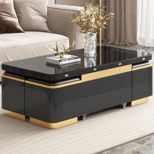 Guyii Table Basse Relevable Noire avec Rangement, Table Multifonction (Table Basse/Table à Manger/Bureau), avec 4 Tabourets de Rangement Intégrés, Gain de...
