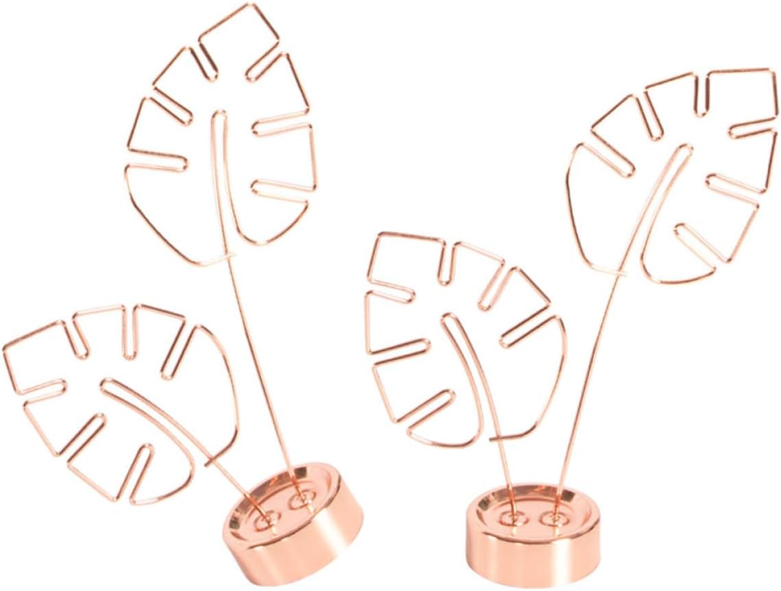 Hemobllo Metal Monstera Leaf Photo Clip Holder with Base, Rose Gold Desktop Picture Stand for Cards and Notes, 2pcs Tabletop Memo Clip for Home Office Décor