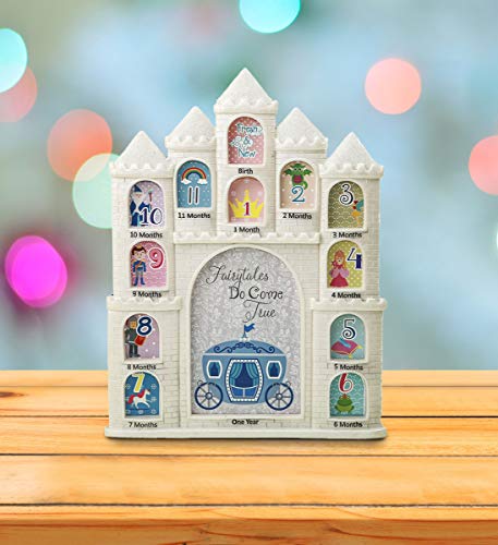 Mozlly White Fairy Tales Do Come True Castle Baby First Year Collage Photo Frame Glitter Finish 12 X 9.5 Inch Nursery Room Decor For Little Prince & Princess 1 Month-1 Year Pictures #TOP3