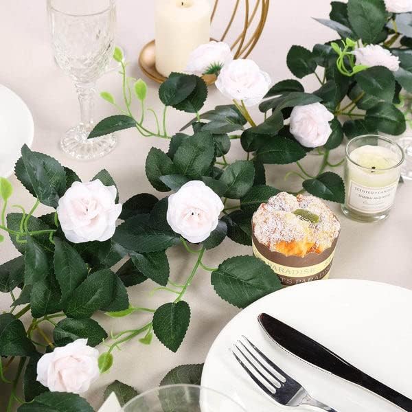 Tableclothsfactory Guirnalda de rosas de seda con protección UV, 6 pies, color rosa rubor, 20 flores, guirnalda de flores artificiales