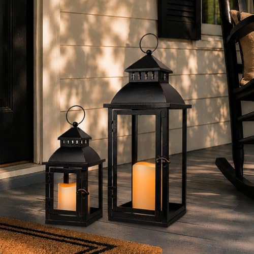 Image of NEEDOMO LED Lanterns Decorative Outdoor&Indoor, Set of 2 Large Bronze Metal Lantern Decor with LED Candle, Lantern Decor for Porch, Patio, Garden, Balcony, Wedding, Spring Decorations (NO Glass)