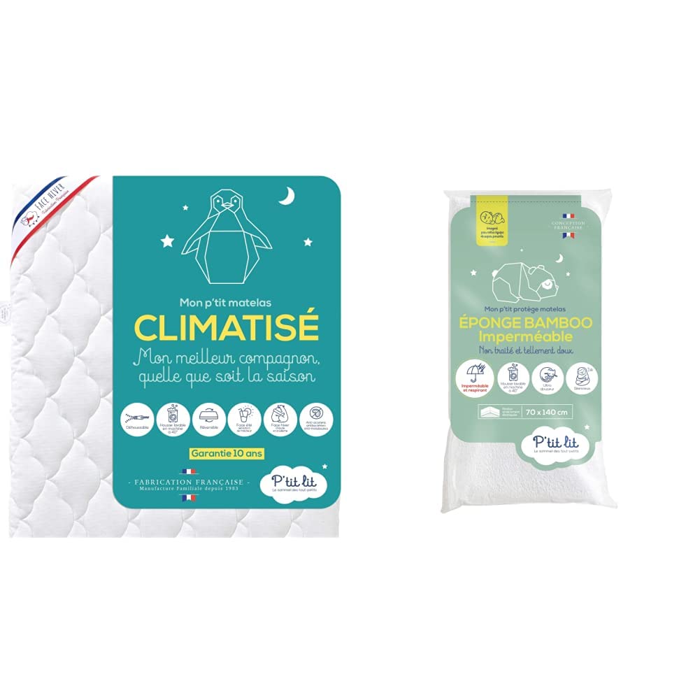 P'TIT LIT - Matelas Enfant/Bébé Climatisé - 70x140 cm - 1 Face Été fraîche/1 Face Hiver ouatinée - Anti Acarien & Protège Matelas Bébé Bamboo | Alèse Imperméable - 70x140 cm - Viscose Douce et Soyeuse