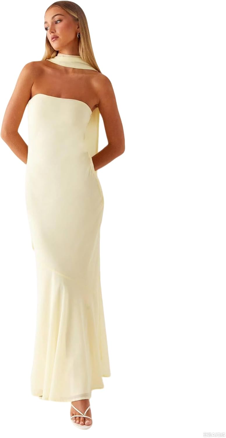 Women's Floral Tube Maxi Dress with Scarf - Y2k Strapless Bodycon Long Dress, Mesh Formal Cocktail Sundress LightYellow L