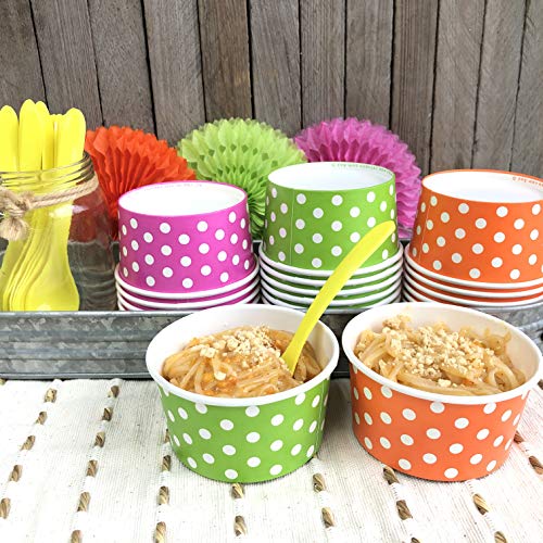 Ice Cream Sundae Kit - 8 Ounce Polka Dot Paper Treat Cups - Plastic Spoons - Paper Umbrellas - Orange Green Yellow Pink - 18 Each