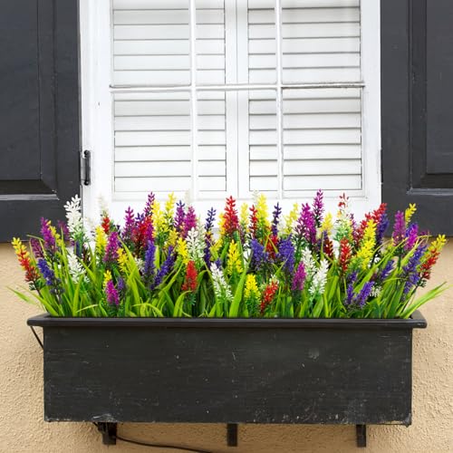 Image of Bassion 24 Bundles Artificial Flowers for Outdoors Fake Lavender, Mixed | UV resistant, plastic faux lavender with monkey grass, outside planter window box garden patio front porch home decor