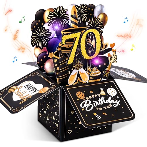 Joyoldelf 70 Geburtstagskarte mit Musik - 70. Geburtstag Pop Up Karte mit Lichtern und interaktiven Kerzen, Geschenk Geburtstagskarten für Frauen und Männer, 3D Grußkarte Geburtstagsgeschenk