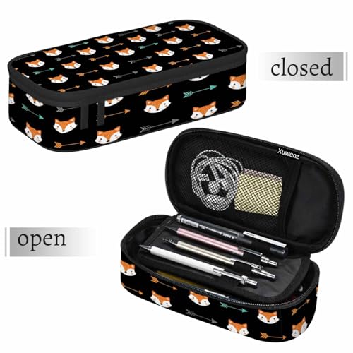 Image of Fox Pencil Holder Bag Feather Arrows Cross Cunning Animal Black Pencil Case College Office School for Teens Boy Girl