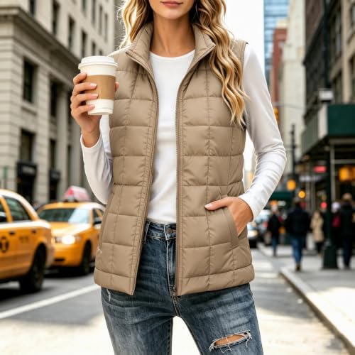 XOGWVJ Puffer Vest Women Lightweight Quilted Sleeveless Jacket Stand Collar Zip Up Warm Fall Winter Casual Outerwear Coat Women's Vests Dressy Casual Khaki S - image 6