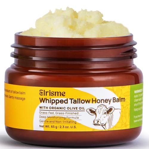 Elrisme Grass Fed Beef Tallow for Skin: Organic Whipped Tallow and Honey Balm - Nourishing Body & Face Moisturizer - Deep Hydration, Eczema Psoriasis & Dermatitis, 2.3 oz