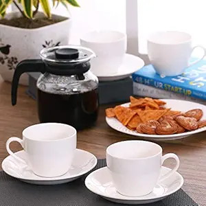 Clay Craft Fine Ceramic Cup & Saucer Set of 12 (6 Cups+6 Saucers) - 180 ml Each (Full White)