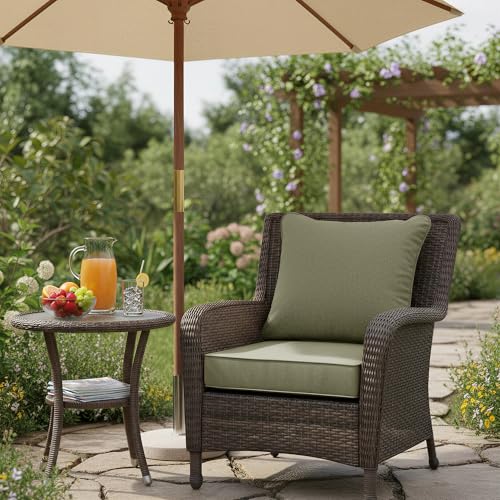 Image of Summsun Water Resistant Outdoor Chair Cushions, Faux Linen Backrest and Seat Cushion Set with Ties, Removable Cover, Non-Slip Bottom for Patio Furniture, 19 x 19 Inch, Mocca Green