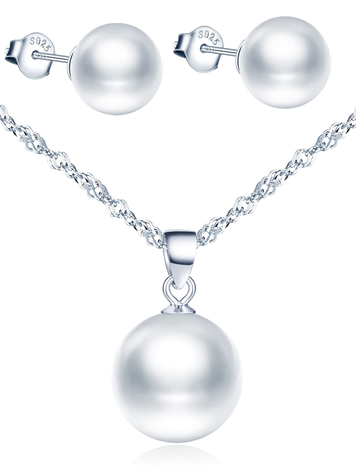 CPSLOVEPearl Necklace and Earrings for womens and girls, 925 sterling silver jewelry set, Elegant Pearl necklace pendant, with 45cm chain, Pearl earrings studs, white