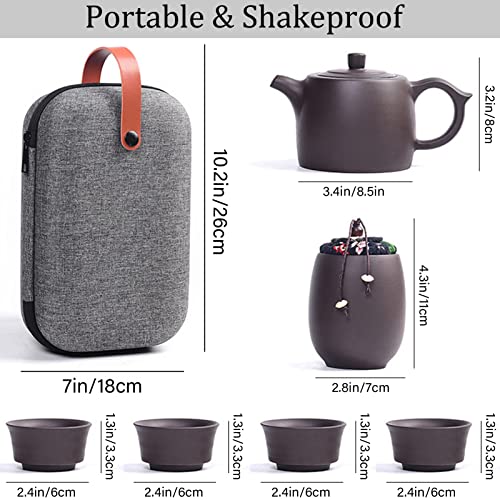 Travel Tea Pot Cup Set Chinese Kung Fu Ceramic Teapot, Handmade Purple Clay Teapot Teacups With A Portable Travel Bag, All In One Gift Bag For Outdoor Picnic Business Hotel (Purple Clay) #TOP2