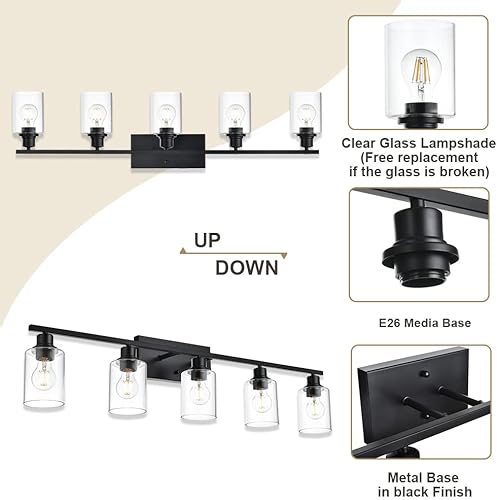 Miniatura 86 de VINLUZ Lámpara de tocador negra mate para baño, 3 luces de casa de campo, interiores, accesorios de iluminación sobre espejo con pantalla de vidrio