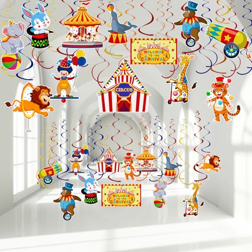 Image of 58 Pcs Carnival Circus Theme Party Decorations Circus Animal Hanging Swirl Decorations Carnival Hanging Swirl Ceiling Streamers Decor for Kids Girls Boys Birthday Baby Shower Party Supplies