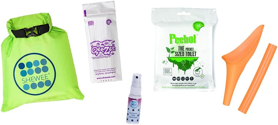SHEWEE Flexi Travel Pack - Includes Reusable Pee Funnel, Peebol Pocket Sized Toilet, Hand Sanitiser and Dry Bag (White)