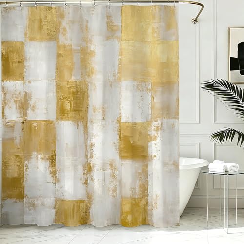 Mocsicka Gold Shower Curtain Abstract Modern Patchwork Shower Curtain for Modern Bathroom Decor Waterproof Fabric Gold White Bath Curtain with 12 Hooks 72 X 72 Inch