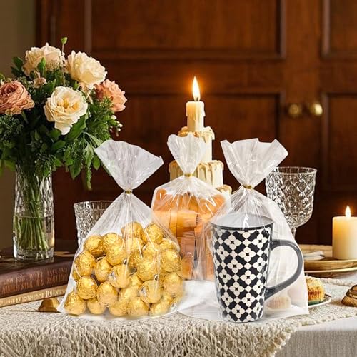 QOIUSO 100 Pcs Clear Cellophane Bags: 10x14 Inch Cellophane Treat Bags with Twist Ties for Candy Cookie Goodie Packing, Clear Plastic Gift Bags for Holiday Party Favors