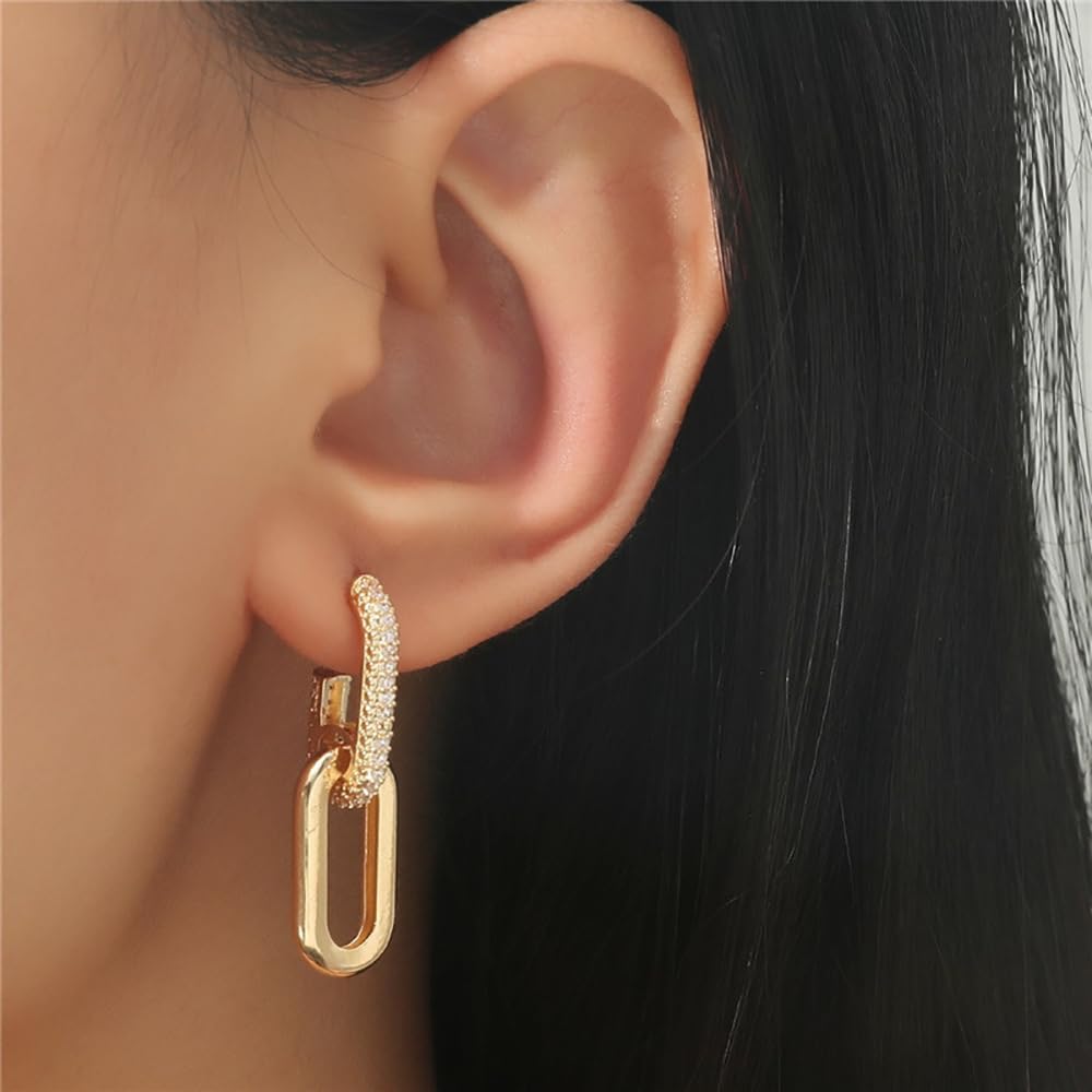 Trendy 14K Gold Hoop Paperclip Square Earrings for Woman Girls Teen,Statement Hanging Drop Dangle Zircon Earrings,Double Hoop Earrings Jewelry Gifts - Image 2