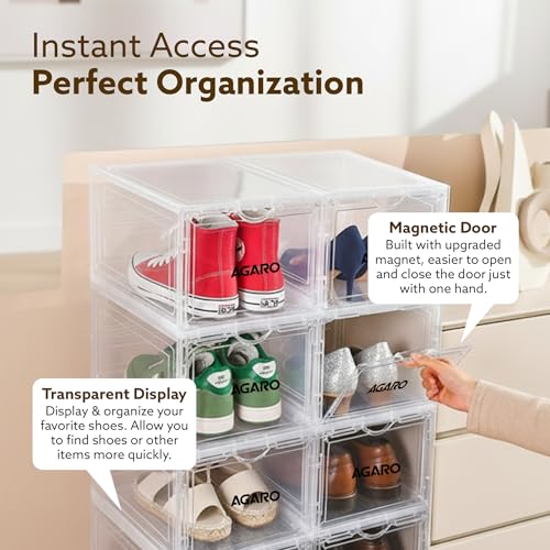 Image of AGARO Stackable Shoe Storage Box Organizer | Heavy Duty, Transparent, Plastic Sneaker Crates Container with Magnetic Door |Space Saving|Organizer for Men & Women| Fits up to Size UK 12 | Pack of 12
